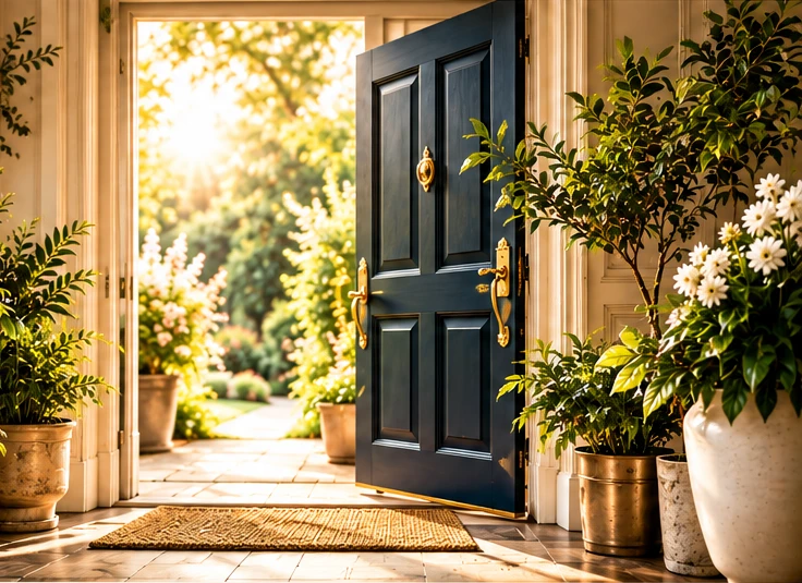 An elegant deep navy door opens to a sunlit garden surrounded by green plants