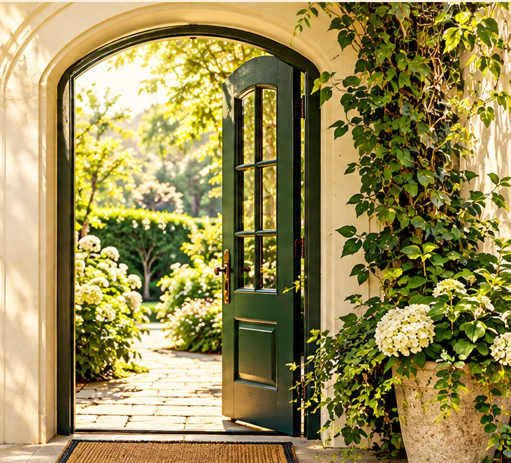 Sunlit open forest-green doorway surrounded by lush garden greenery